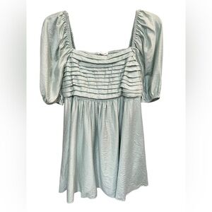 Blu Pepper Pleated Light Green Puff Sleeve Mini Dress w/Square Neckline - Large